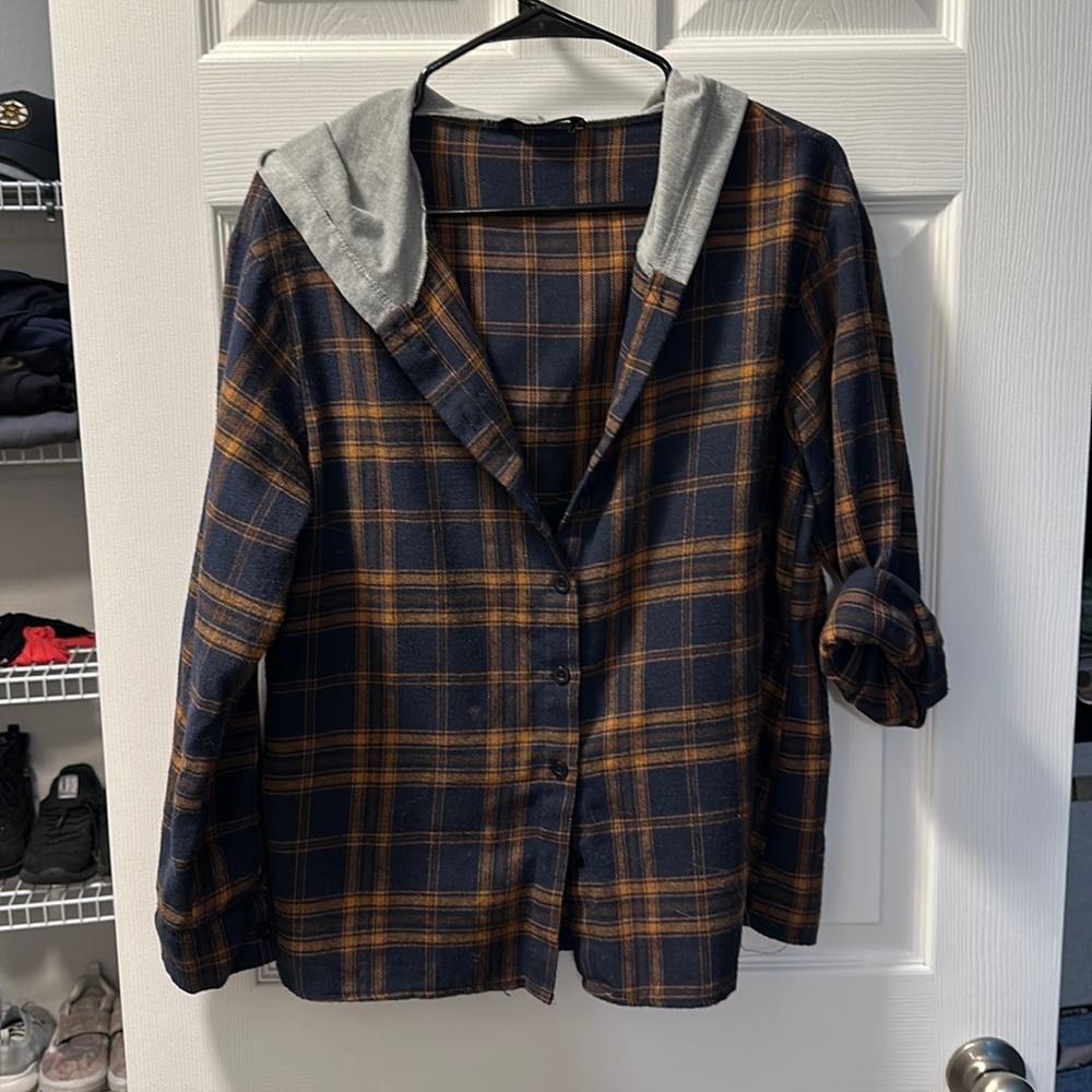 Navy and copper flannel button down with hood